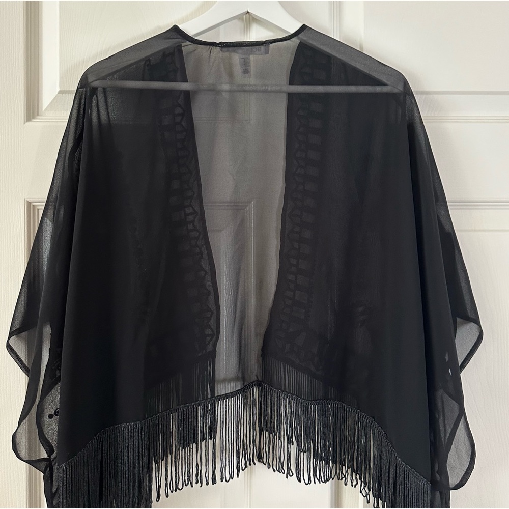 BCBGeneration Black Embroidered Shawl / Cardigan / Kimono Top in Black w Fringe